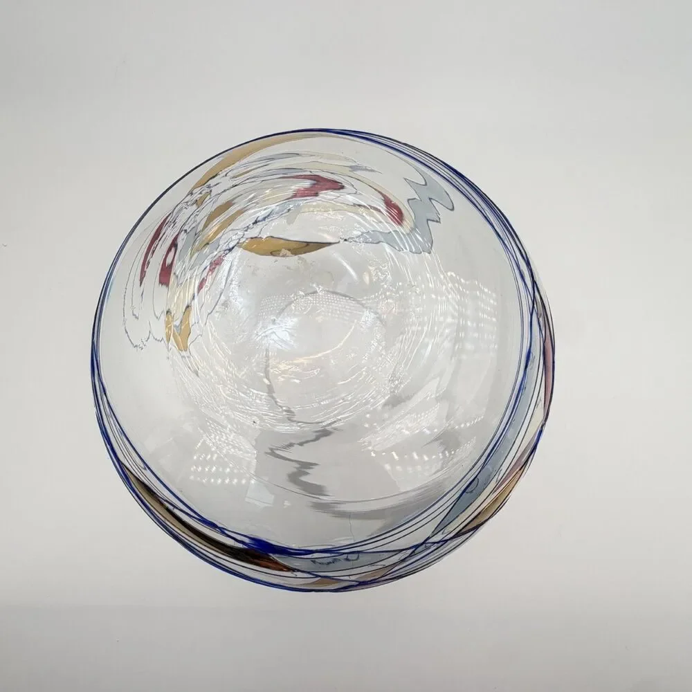 Romanian Mosaic Stained Glass Hand Blown Crystal Fish Bowl Round Vase Swirl 6”